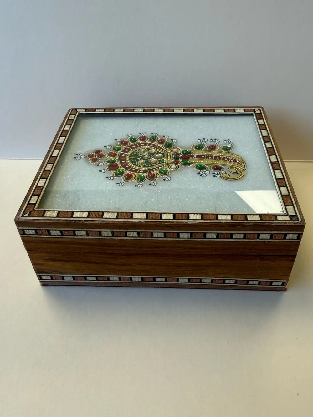 Vintage India Wood Inlay Jewelry Trinket Keepsake Box w/ Mosaic Stone Accent Lid